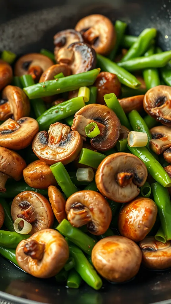 Delicious stir-fried mushrooms and snow peas