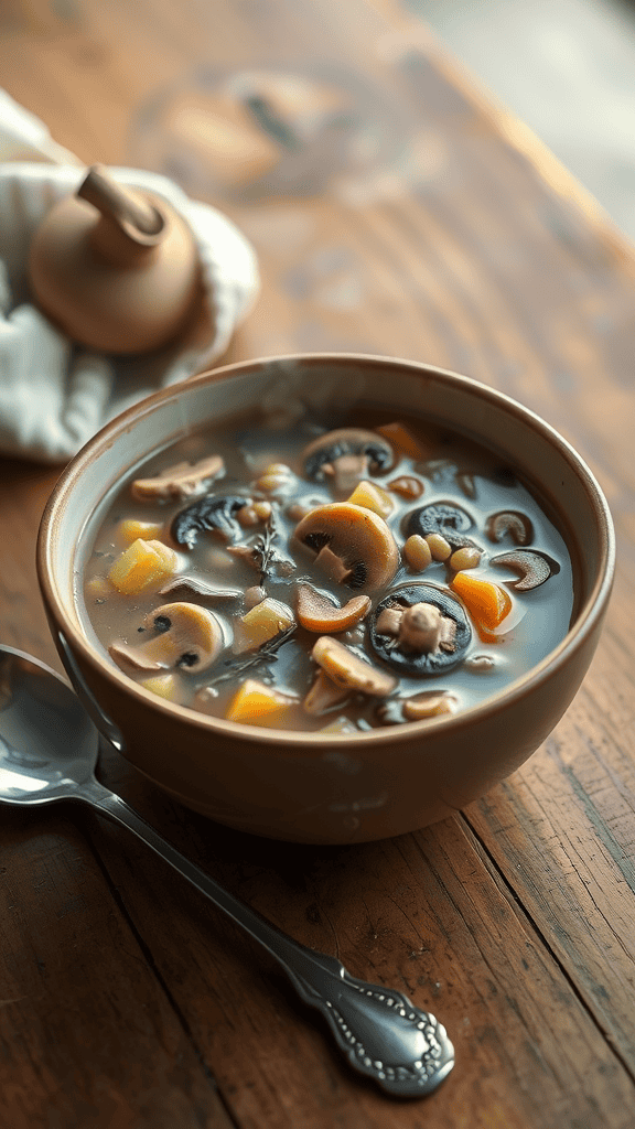 Bowl of mushroom barley soup with mushrooms and vegetables in a rustic setting.