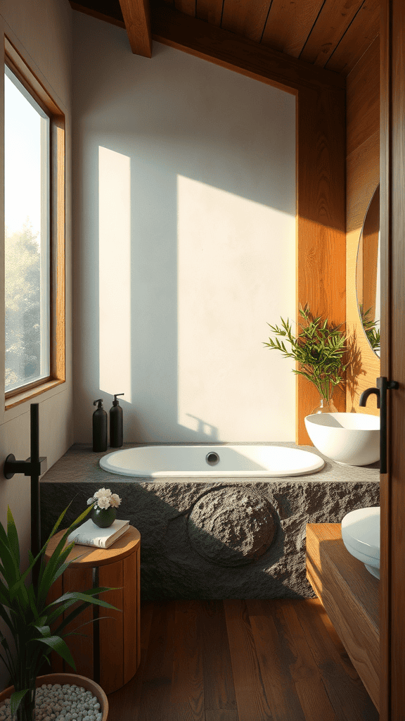A calming bathroom designed with natural materials, featuring a stone bathtub, wooden accents, and plants.