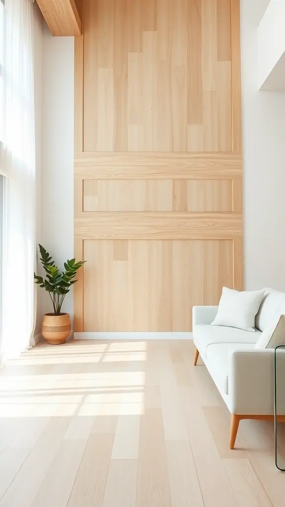 A bright and airy room with natural wood accents and a white sofa