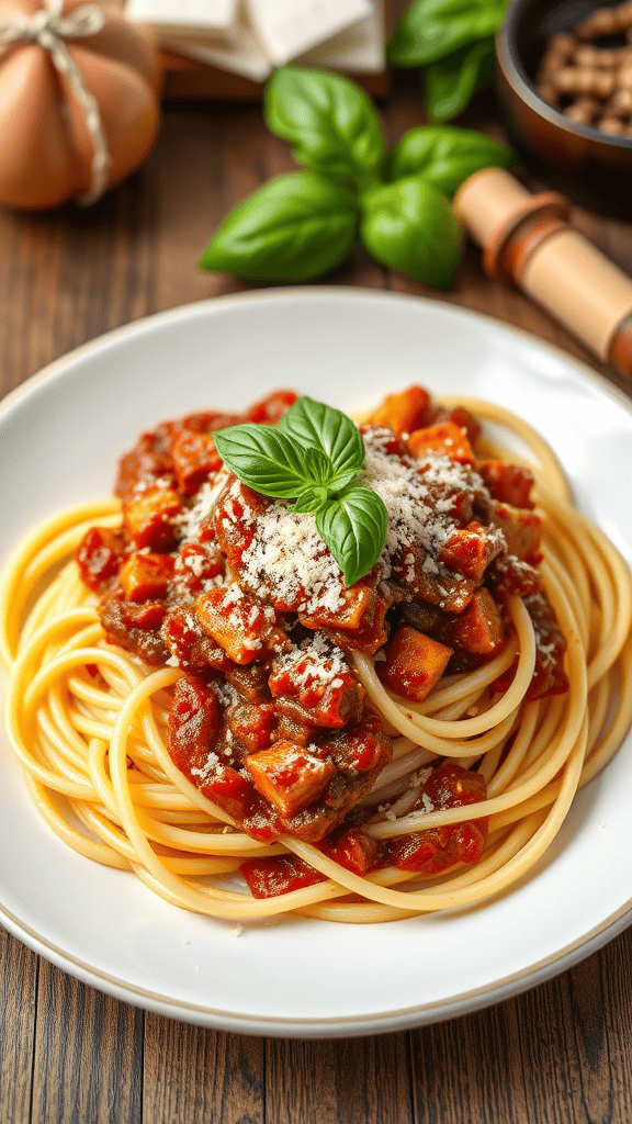 A plate of spaghetti bolognese topped with basil and grated cheese