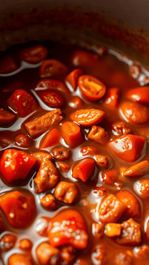 A close-up view of diced tomatoes simmering in a pot, creating a rich chili base.