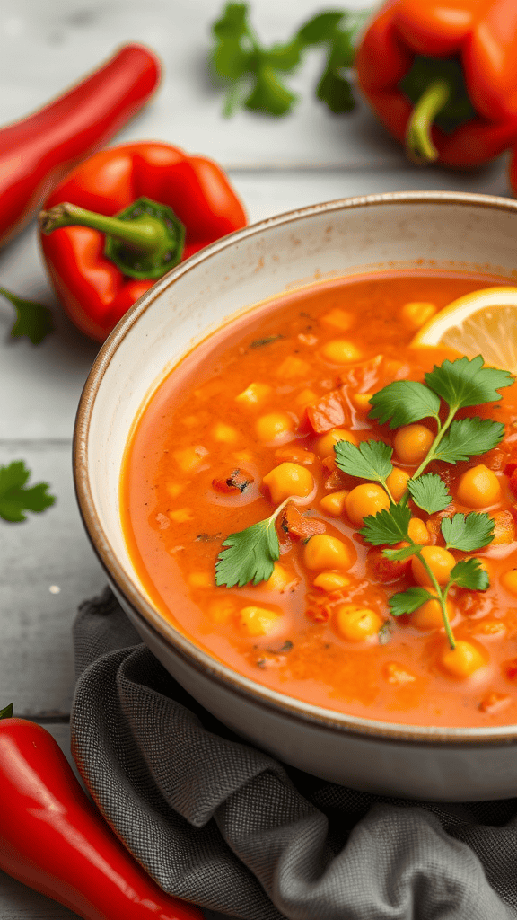 A bowl of roasted red pepper and chickpea soup, garnished with cilantro and a lemon wedge, surrounded by fresh red peppers.