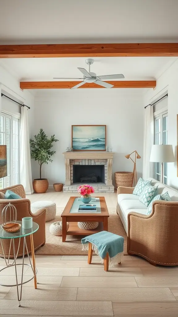 Cozy coastal-inspired living room with natural materials and soft blue accents