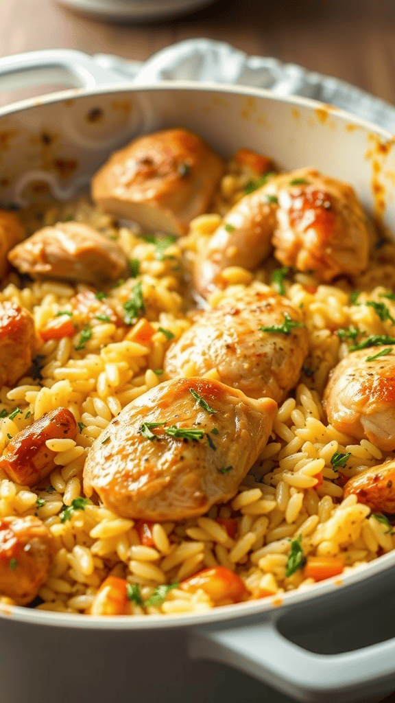 Delicious chicken and rice casserole with orzo and vegetables in a large white dish.