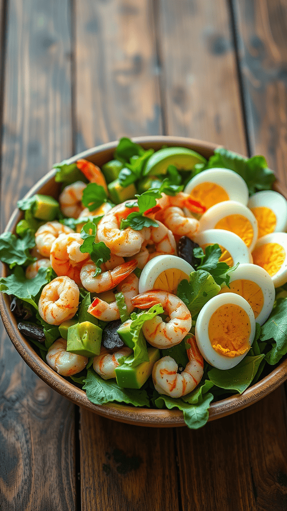 A vibrant Seafood Cobb salad with shrimp, avocado, hard-boiled eggs, and greens.