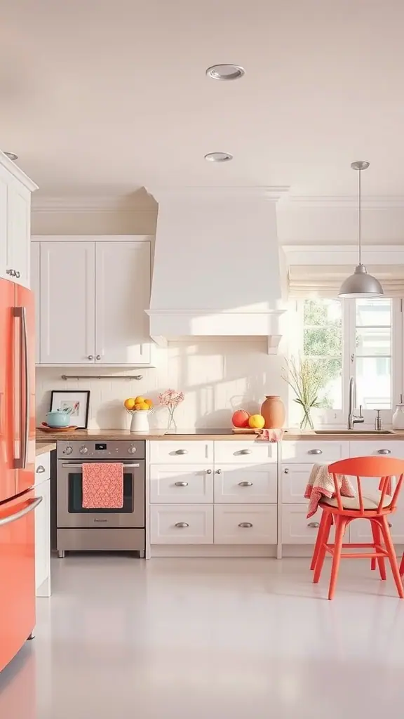 Bright coral refrigerator and chair in a modern kitchen featuring white cabinets and neutral decor
