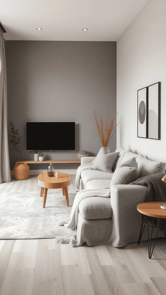A modern living room featuring soft gray walls, a comfortable gray sofa with cushions, a light wood coffee table, and a minimalist decor.