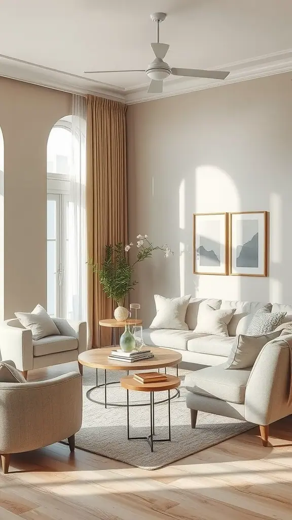 A cozy living room with soft neutral tones, light-colored furniture, and a bright atmosphere.