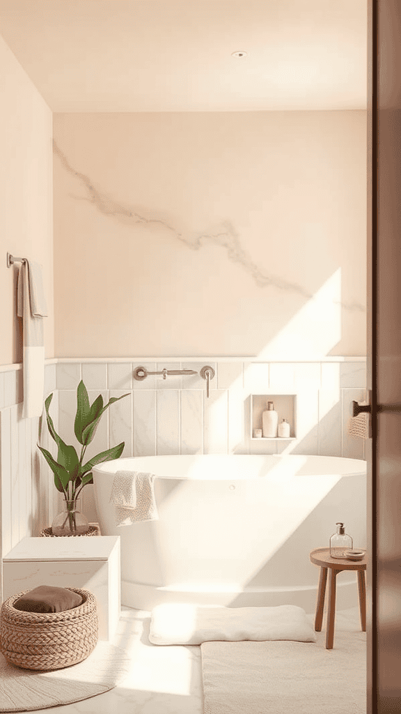 A serene bathroom with soft pink walls, a white bathtub, and green plants, illuminated by natural light.