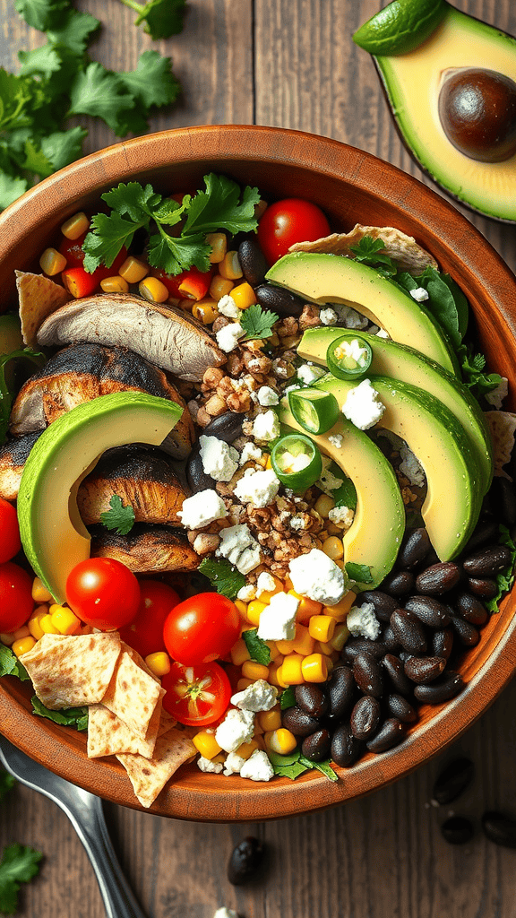 A vibrant Southwestern Cobb salad with greens, grilled chicken, avocado, and colorful vegetables.