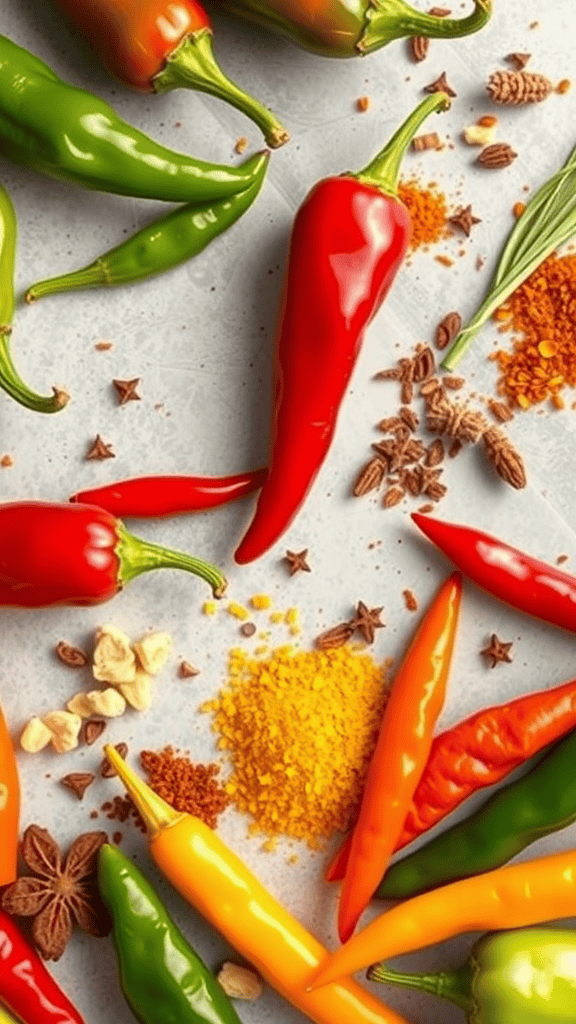 An array of colorful chili peppers and seasonings used for making chili con carne.