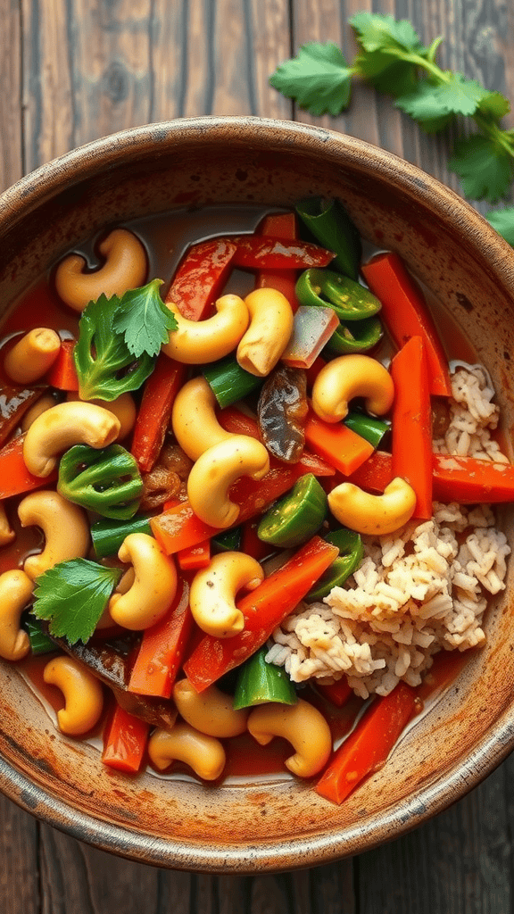 A colorful bowl of spicy cashew vegetable stir-fry featuring bell peppers, broccoli, snap peas, carrots, and cashews served with rice.