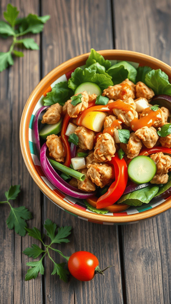 A colorful bowl of spicy peanut chicken salad with fresh vegetables and chicken pieces.