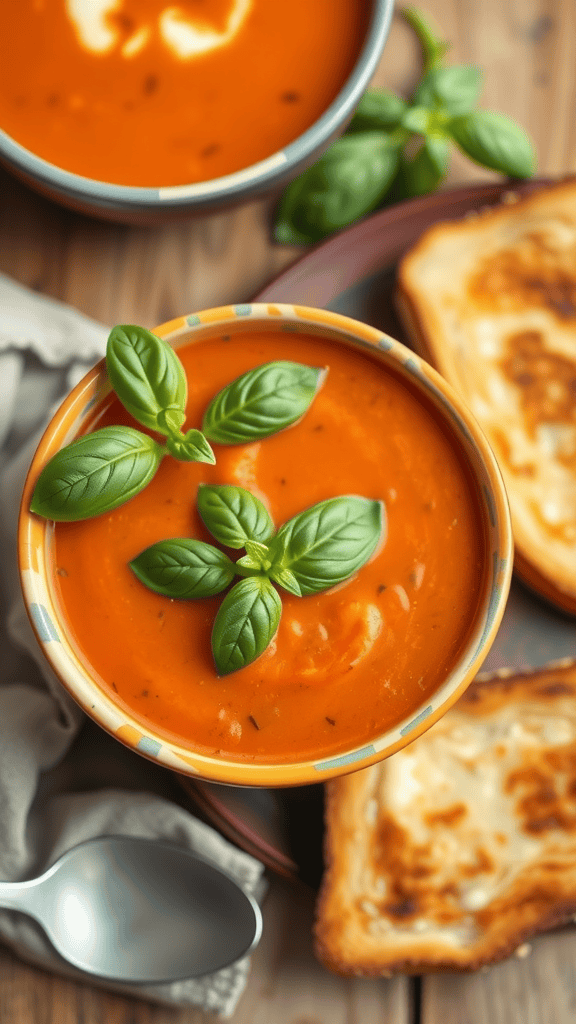 A vibrant bowl of spicy tomato basil soup garnished with fresh basil leaves, served alongside crispy grilled cheese toast.