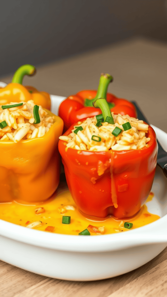 Stuffed bell peppers filled with rice and cheese on a white dish.