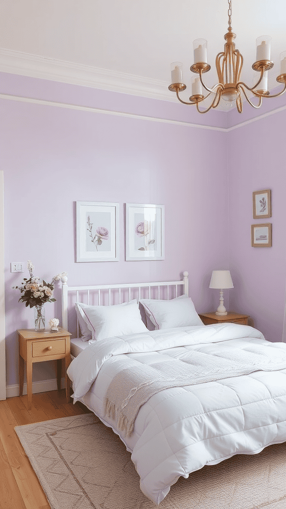 A serene bedroom with lilac walls, white bedding, and floral decor.