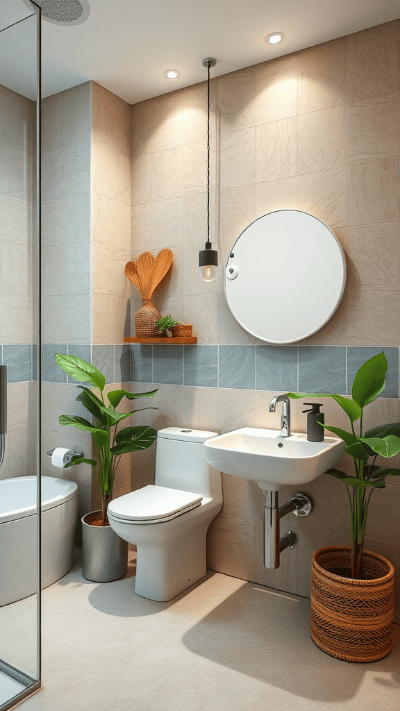 A modern eco-friendly bathroom with sustainable fixtures and plants.