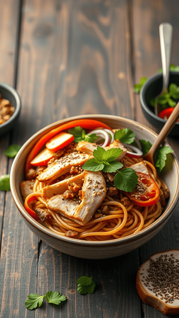 A colorful bowl of Teriyaki Chicken & Soba Noodle Salad with fresh vegetables and garnished with cilantro.