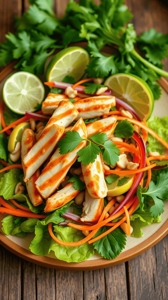 A colorful Thai-inspired chicken salad with grilled chicken, fresh vegetables, and a lime dressing.