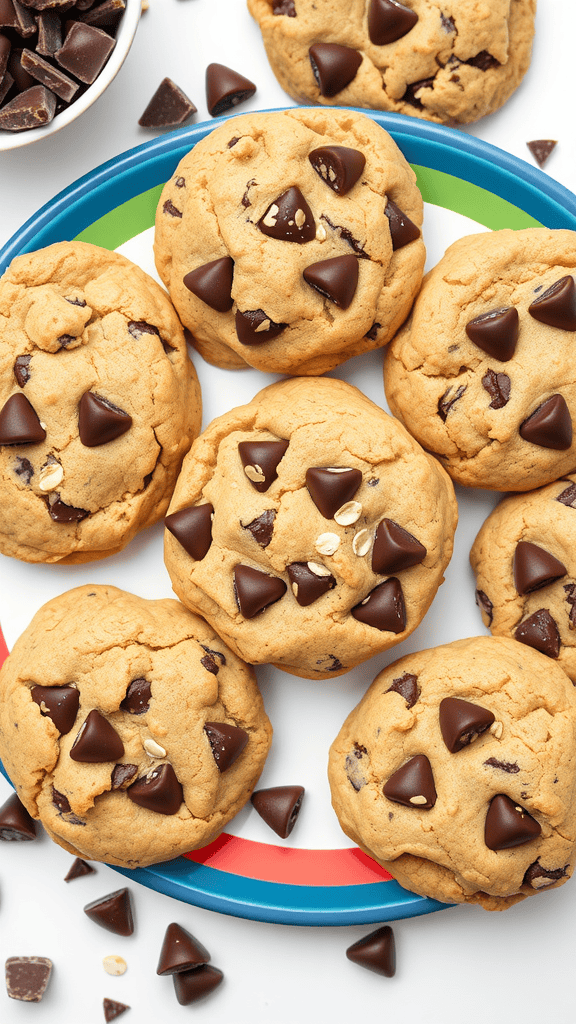 Vegan chocolate chip cookies on a colorful plate with chocolate pieces scattered around.