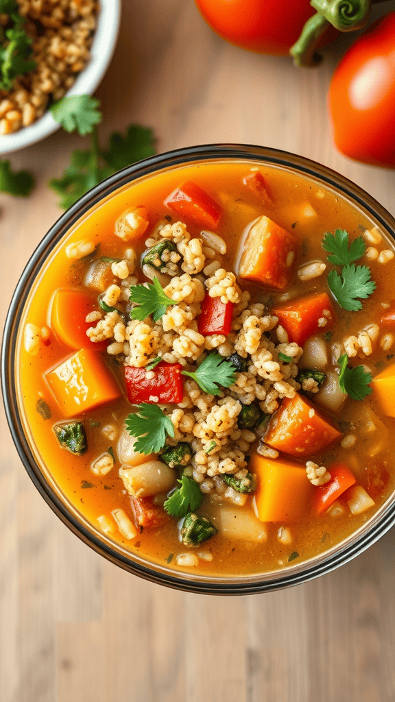 A bowl of colorful Vegetable Quinoa Soup topped with fresh herbs and grains.