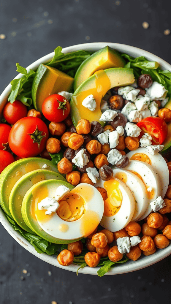 A colorful vegetarian Cobb salad with mixed greens, cherry tomatoes, sliced avocado, chickpeas, feta cheese, and hard-boiled eggs.