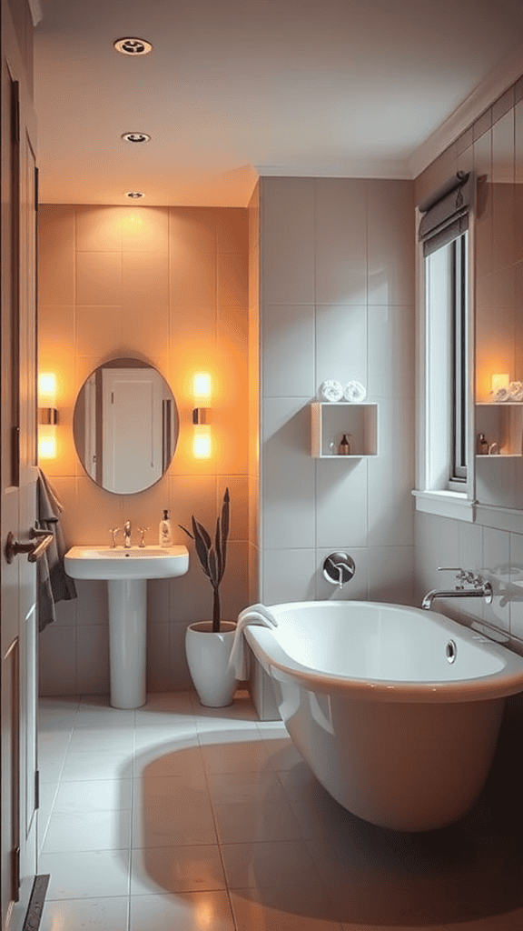 Cozy bathroom with warm lighting, featuring a bathtub, sink, and plant.