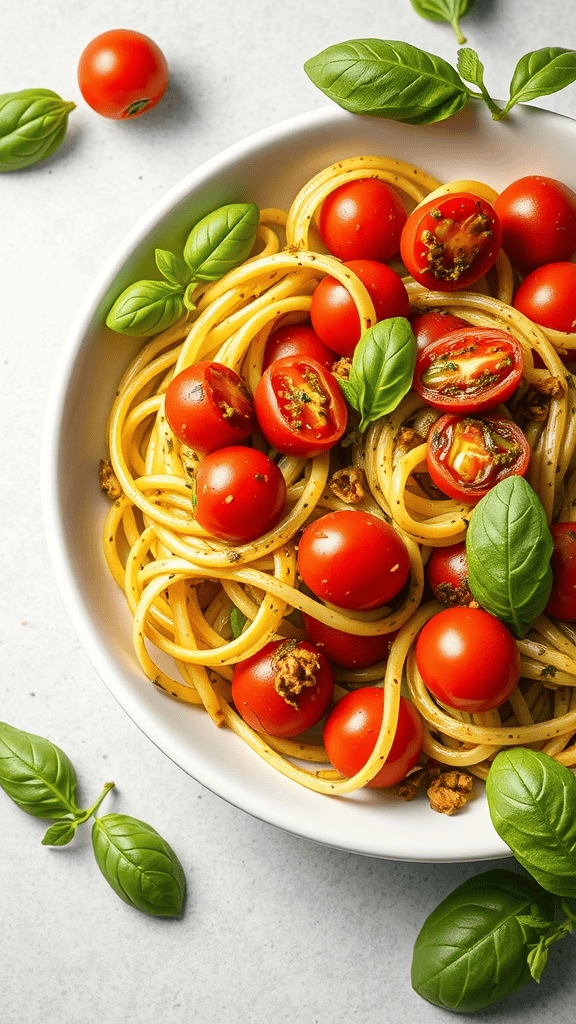 A bowl of zucchini noodles with pesto and cherry tomatoes, garnished with fresh basil.