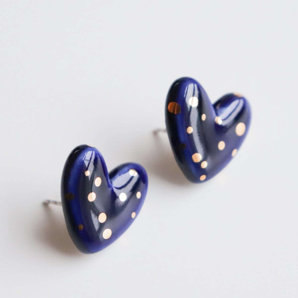 Dotted Porcelain Heart Studs -  Blue