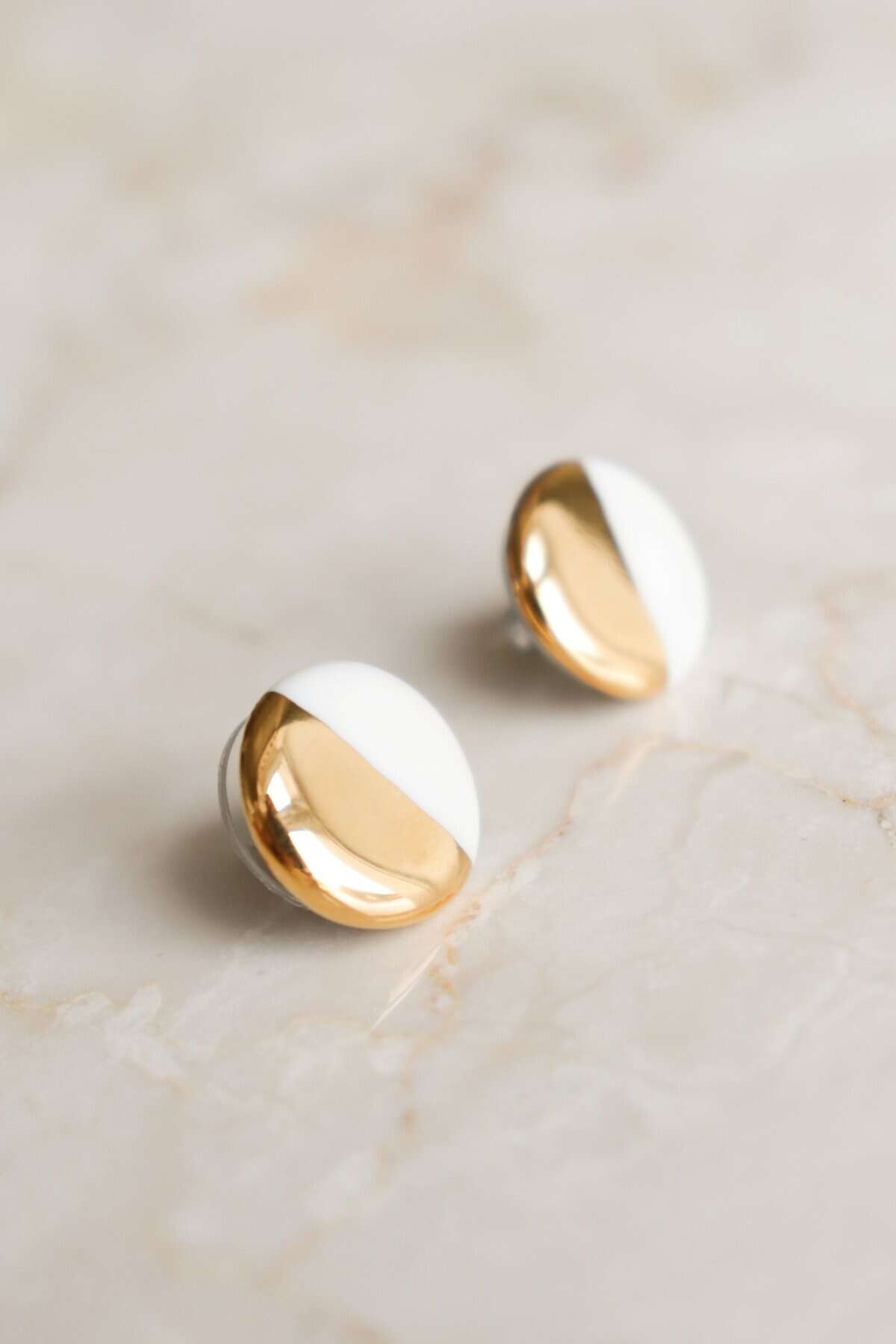 Porcelain Round Stud Earrings - White and Gold