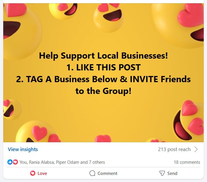 A weekly post in a Facebook group for marketing local businesses