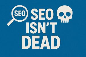 Magnifying glass with SEO text and skull symbol on blue background.