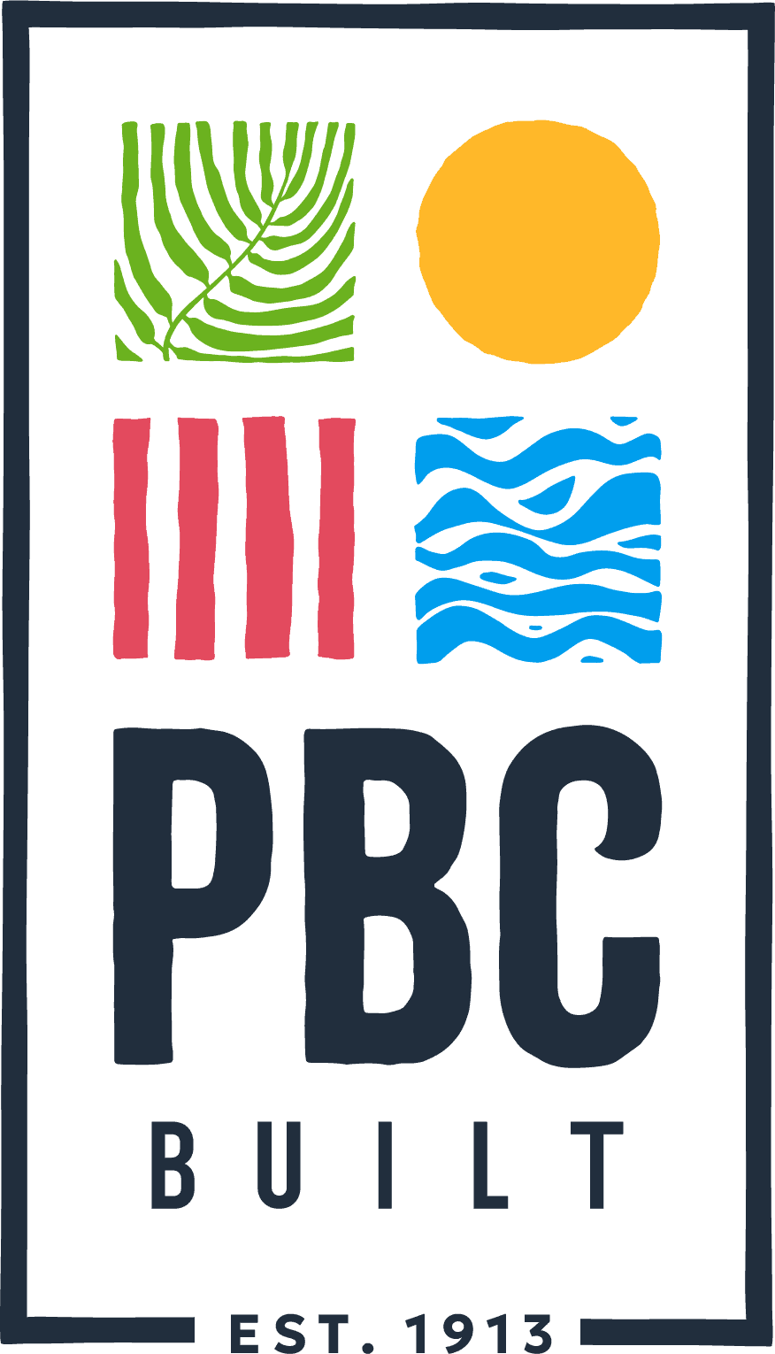 Sun protection logo featuring a sun, leaf, waves, and "PBC" text.