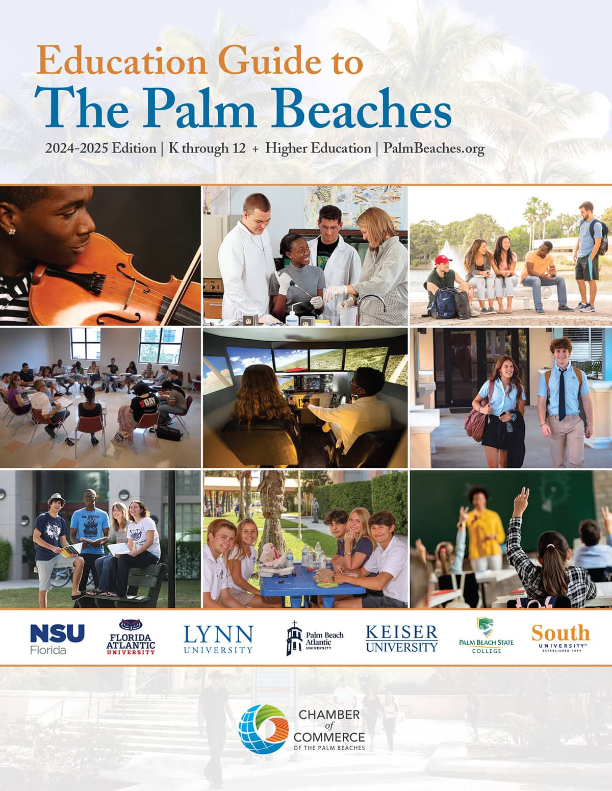 Cover of the Education Guide featuring students, teachers, and campus scenes in The Palm Beaches.