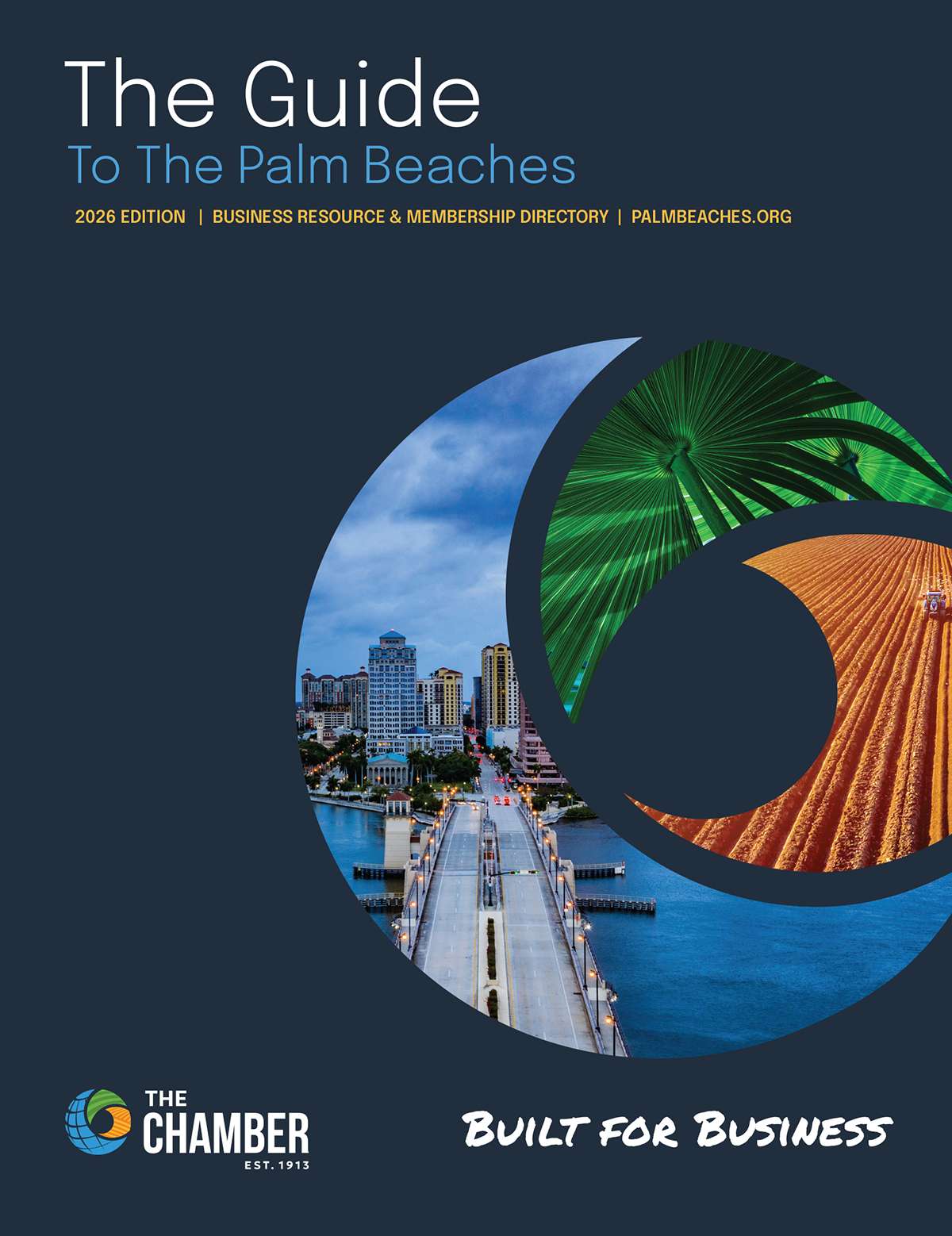 Guide to Palm Beaches brochure cover with cityscape, palm leaves, and beach scene.