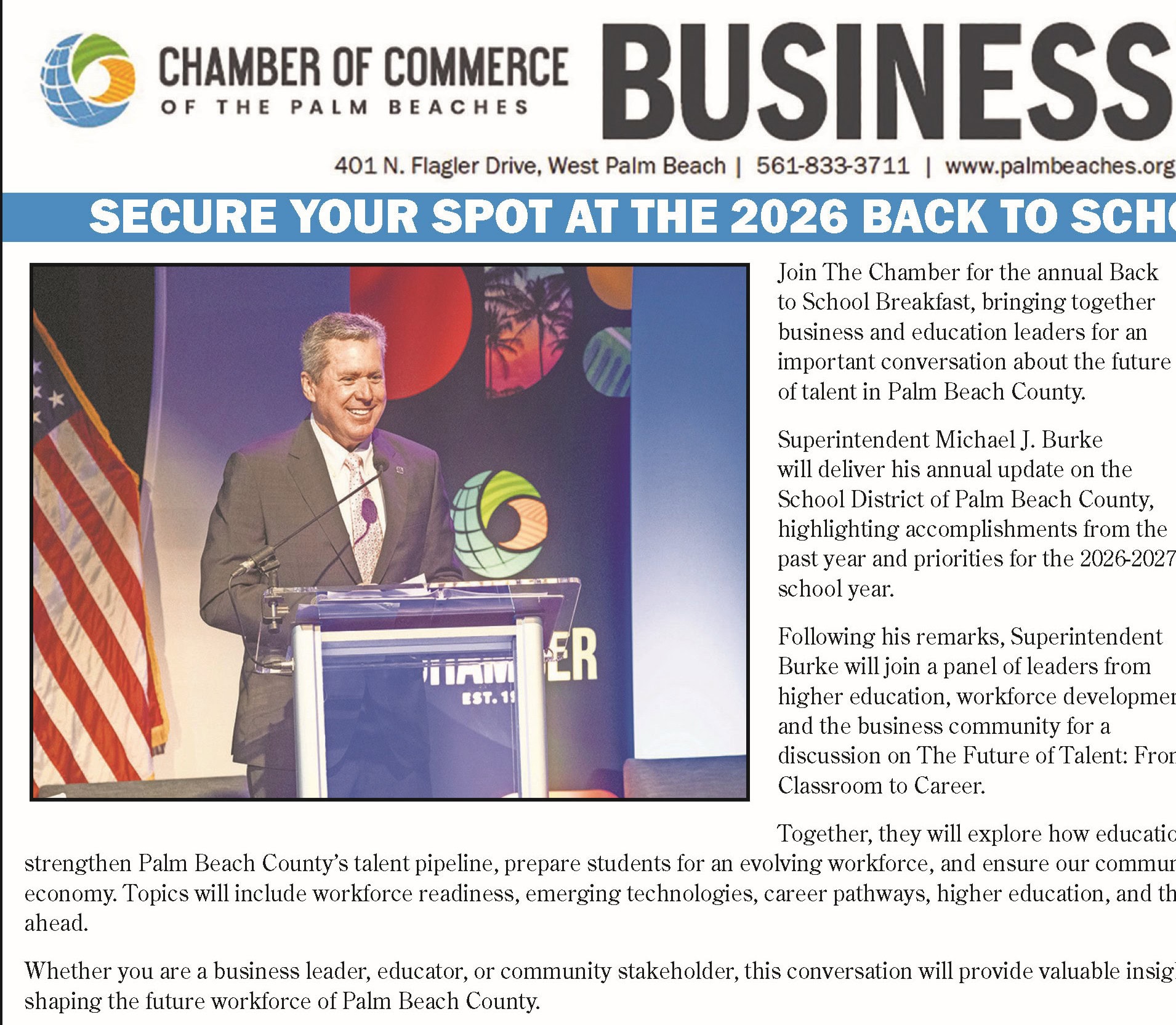 Man speaking at a podium during a Palm Beach Chamber event.