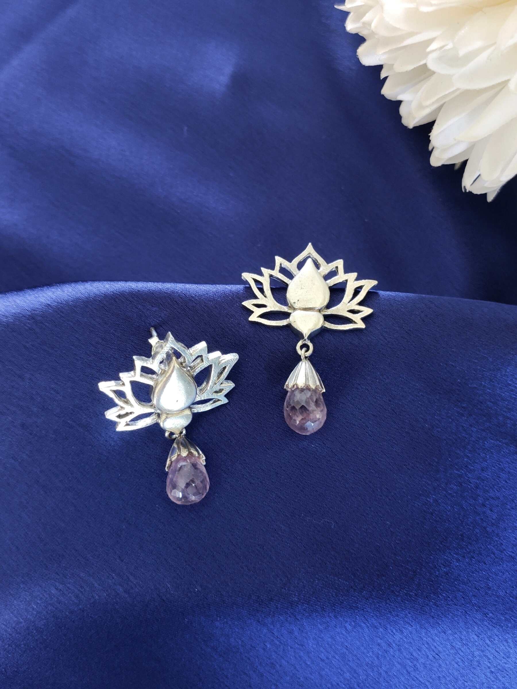 Lotus Earrings with Amethyst Drop