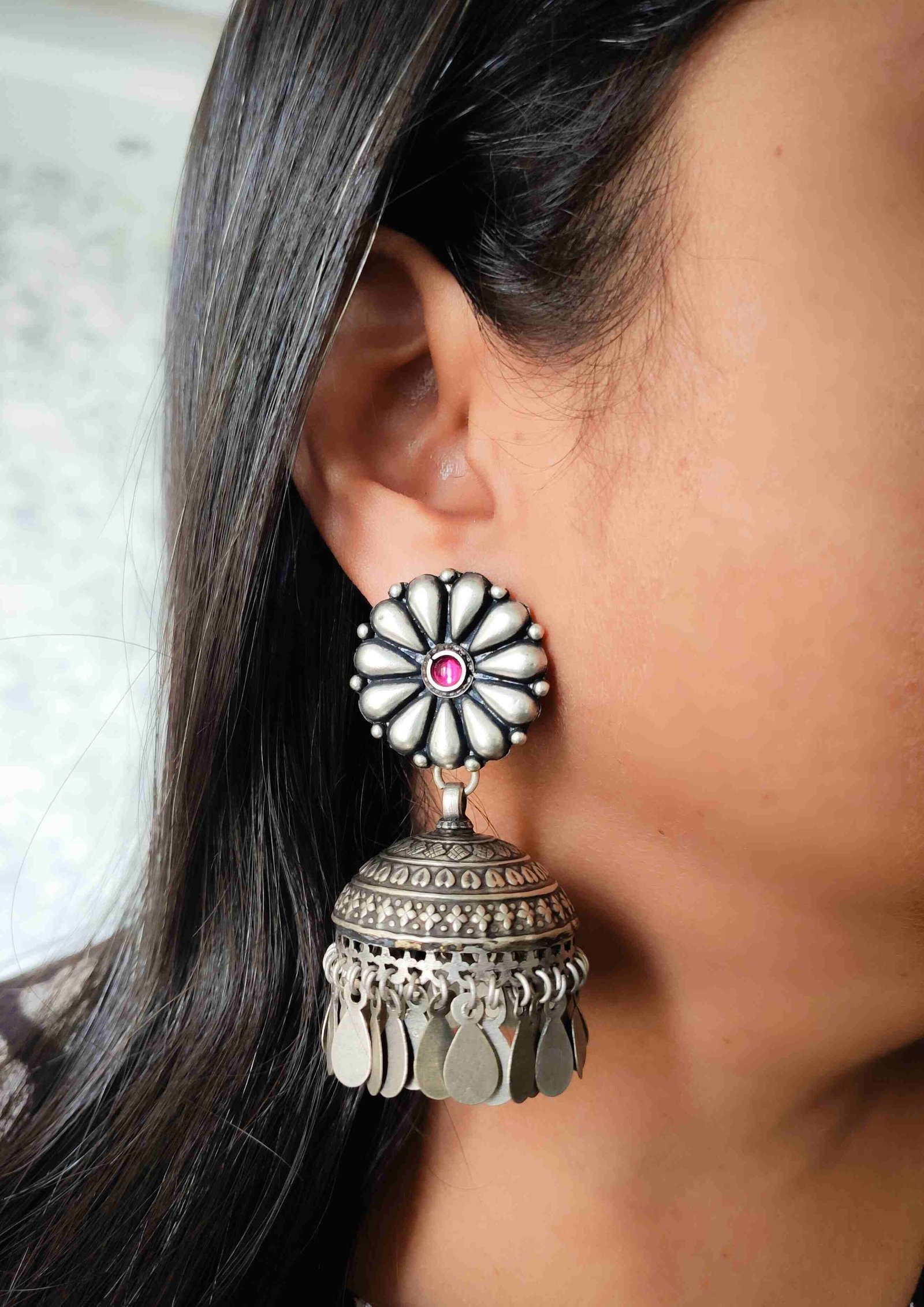Statement Jhumkas with Leaf Drops - Image 3