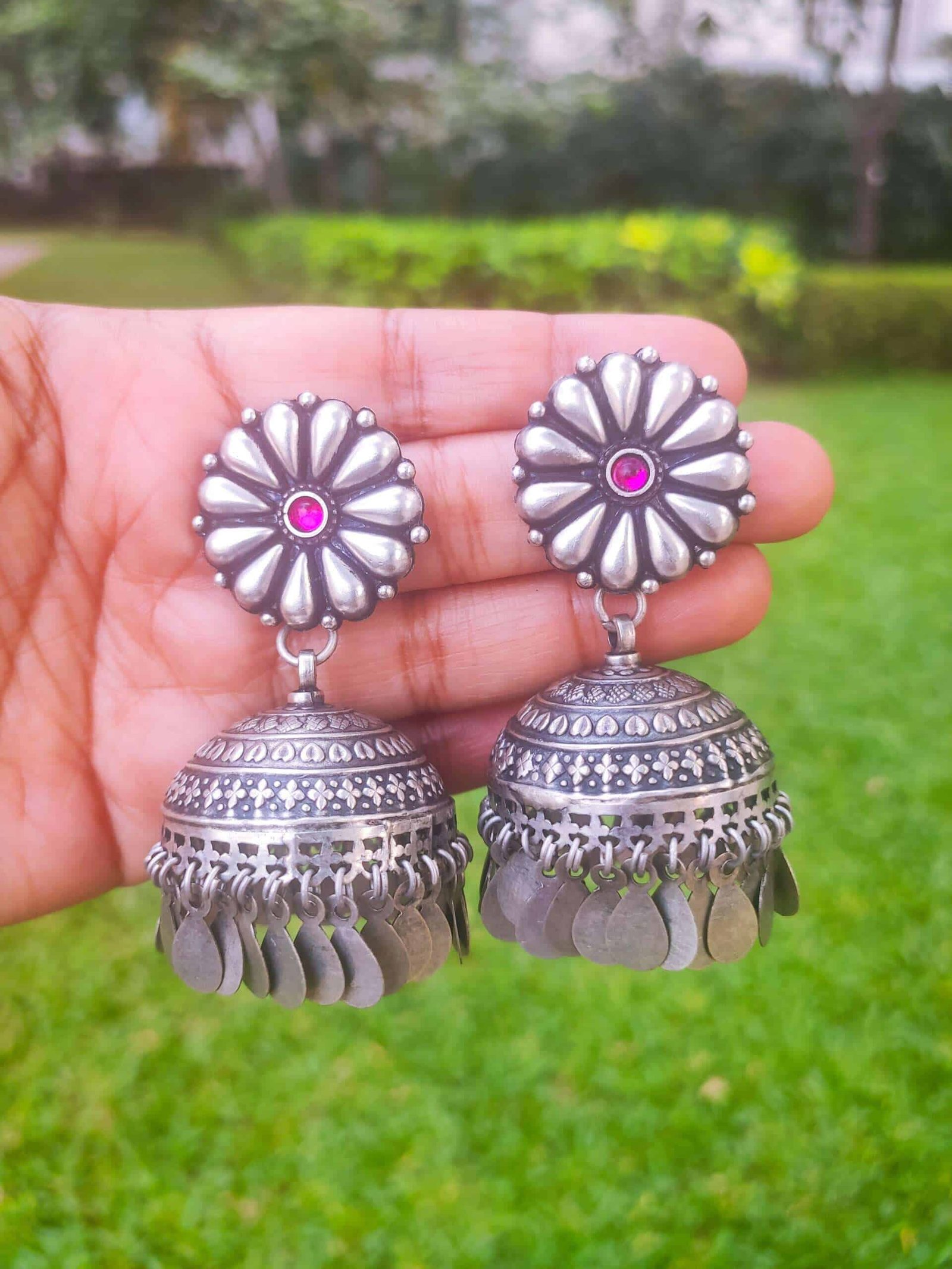 Statement Jhumkas with Leaf Drops - Image 4