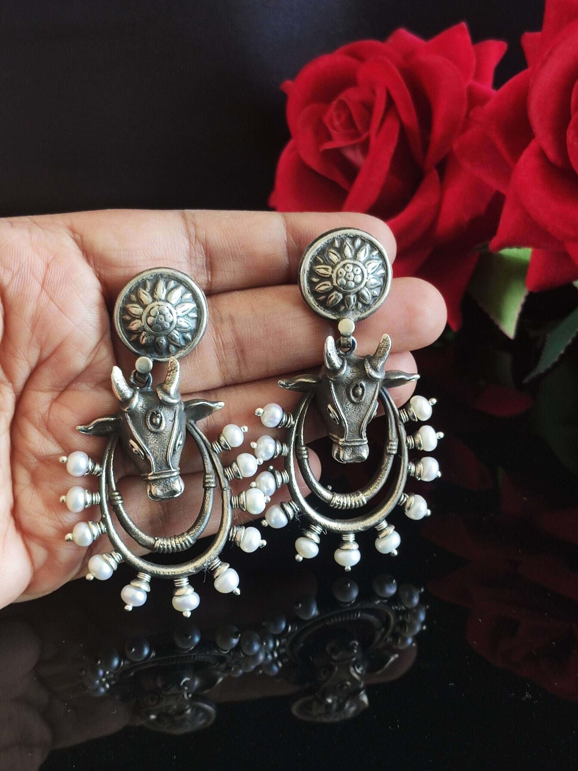 Magnificent Bull Earrings with Pearls- Push back