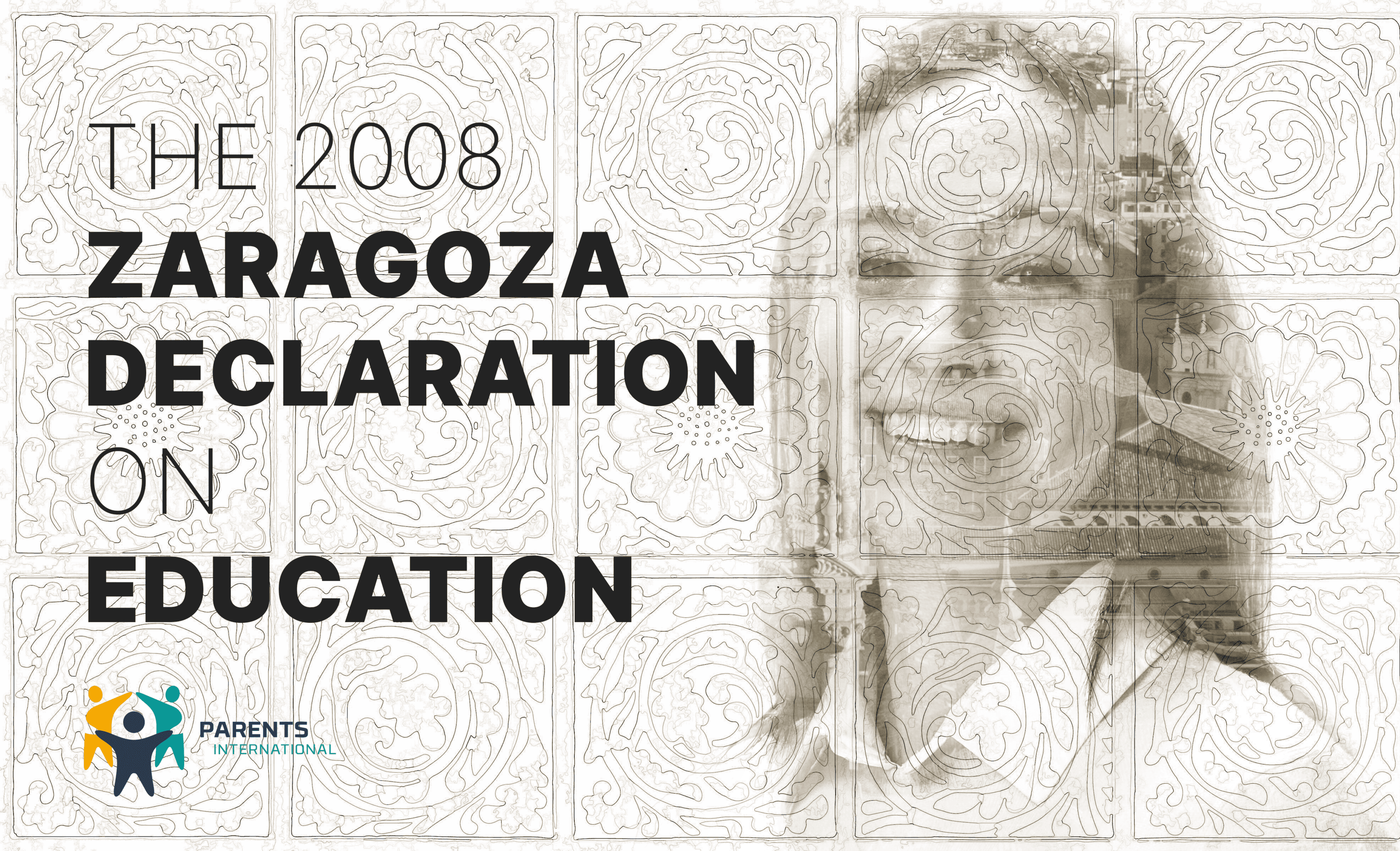 A teacher superimposed over a scenic view of Zaragoza, symbolizing the impact of the Zaragoza Declaration on Education in shaping inclusive and family-centered learning policies.