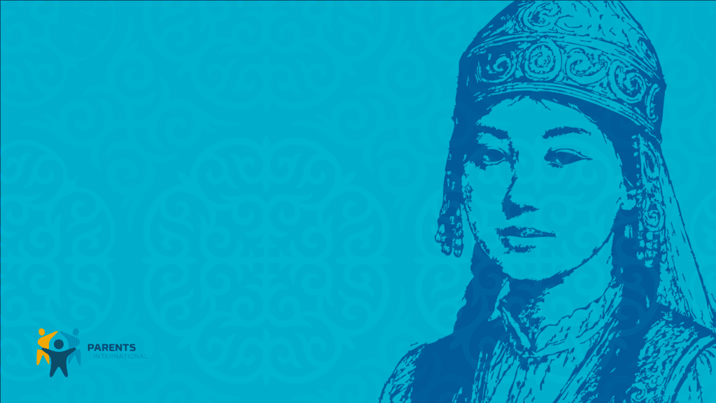 Young Kazakh woman in traditional dress with blue and gold background, symbolizing teacher training in Kazakhstan that blends cultural heritage and modern education.