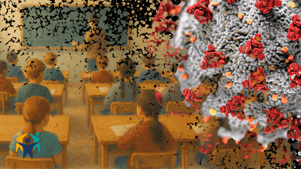 Illustration of students in a classroom fading into a COVID-19 virus graphic, symbolizing COVIDEA’s mission to build digital education resilience after the pandemic.