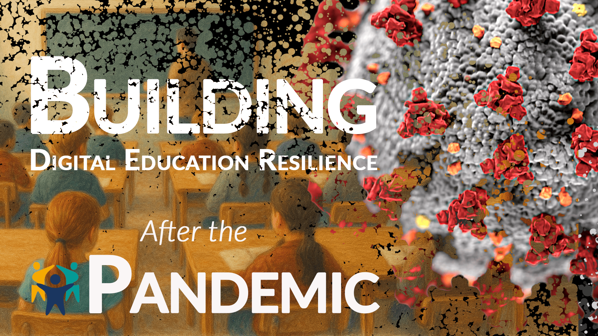 Illustration of students in a classroom fading into a COVID-19 virus graphic, symbolizing COVIDEA’s mission to build digital education resilience after the pandemic.