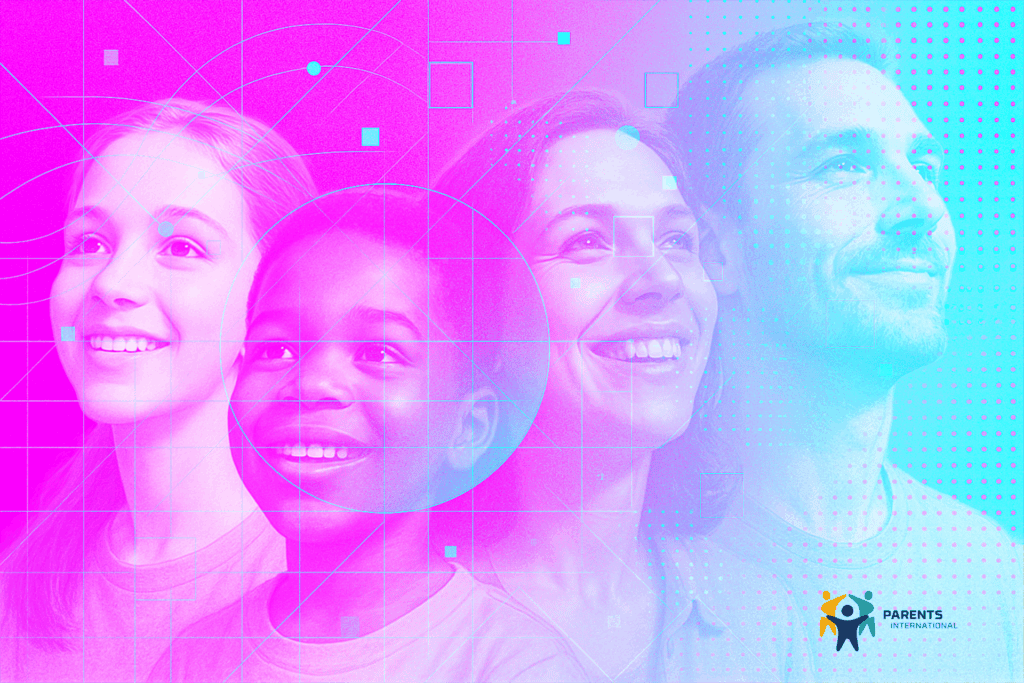 Four diverse individuals—two adults and two children—smile and look upward with confidence against a cyberpunk background of pink and cyan gradients, overlaid with bold text reading “Let’s Act Now.” A visual representation of digital citizenship education.