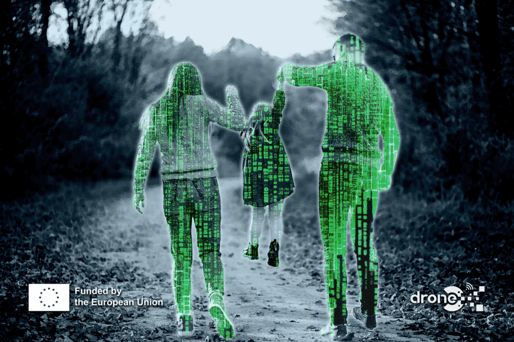 A family walking hand-in-hand along a forest path, digitally overlaid with green matrix-style code, symbolising the impact of digital literacy on everyday life.