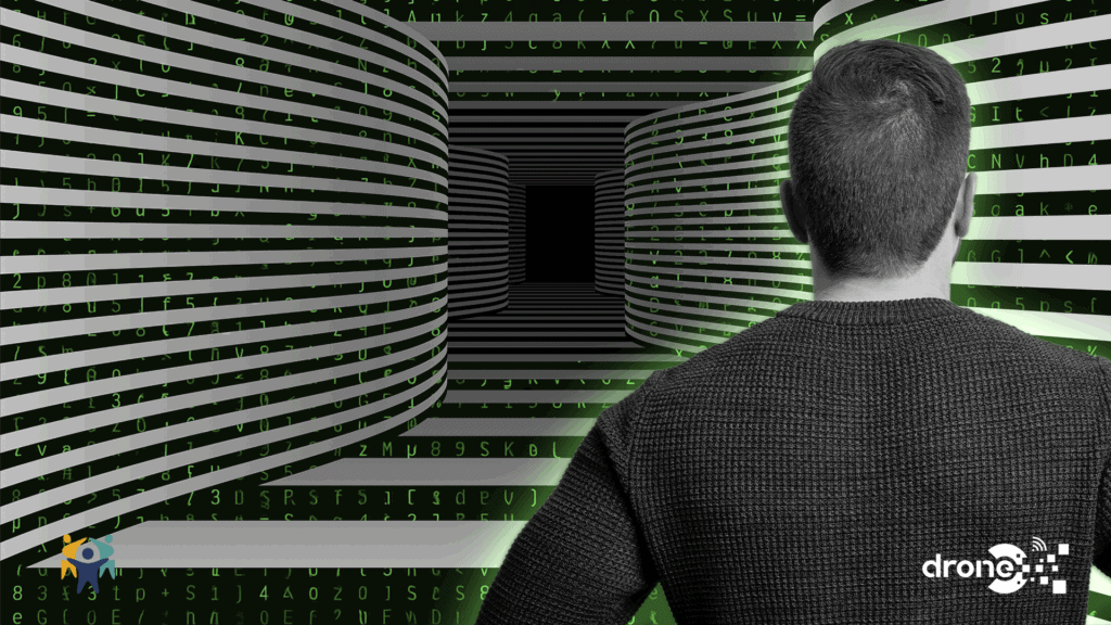 A family walking hand-in-hand along a forest path, digitally overlaid with green matrix-style code, symbolising the impact of digital literacy on everyday life.