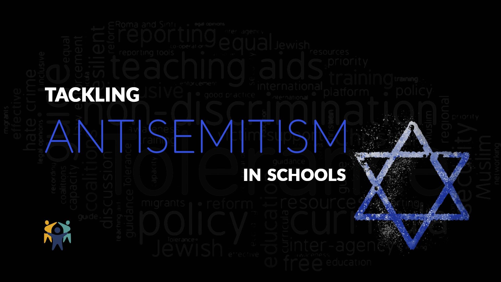 Black banner reading “Tackling Antisemitism in Schools” with a chalk-like Star of David on the right, symbolising efforts to address antisemitism in schools.