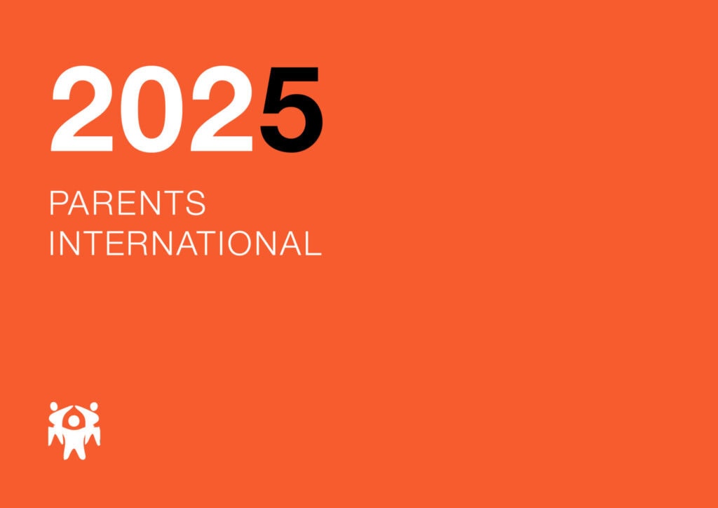 Orange cover with large “2025”, the words “Parents International”, and the Parents International logo in the lower-left corner.
